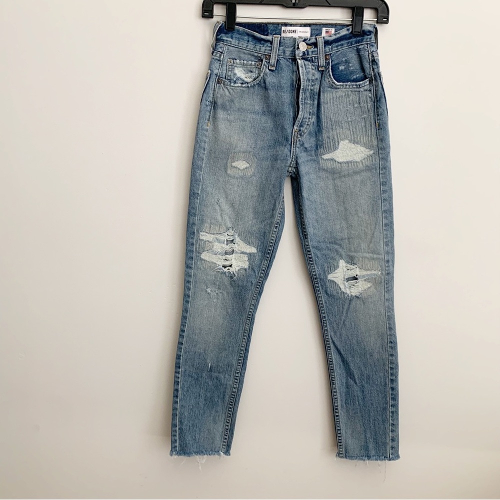 EUC Re/Done Originals High Rise Ankle Crop Light Repair Distressed Jeans Size 23